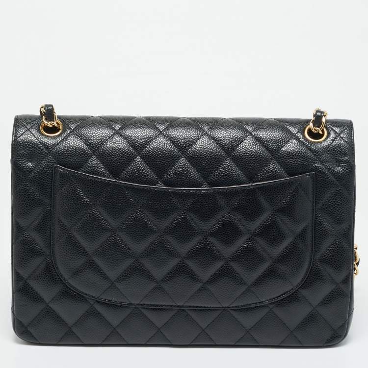 Pre Owned Chanel Black Quilted Caviar Leather Jumbo Classic Double Flap Bag