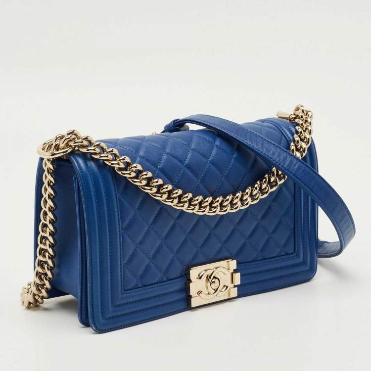 Pre Owned Chanel Navy Blue Quilted Leather Medium Classic Boy Flap Bag