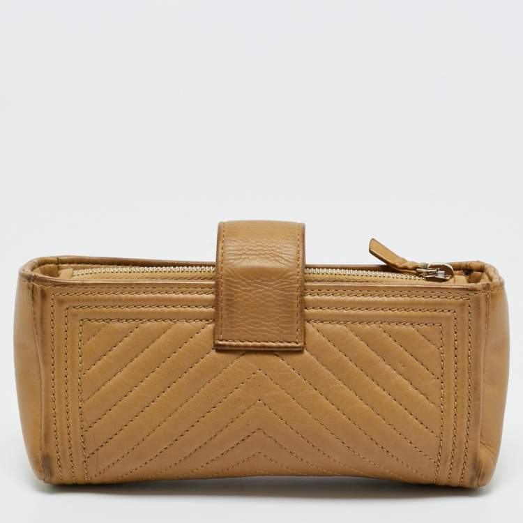Pre Owned Chanel Beige Chevron Leather Boy Phone Holder Pouch 