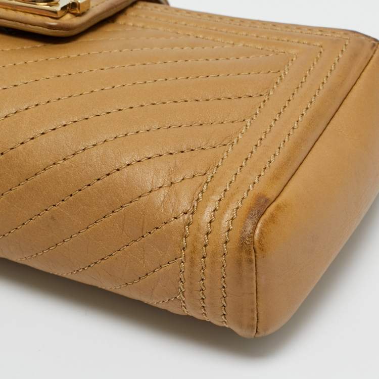 Pre Owned Chanel Beige Chevron Leather Boy Phone Holder Pouch 