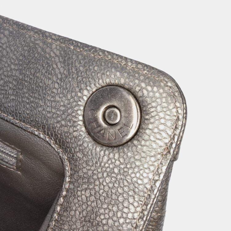 Pre Owned Chanel Silver CC Quilted Metallic Caviar Clutch