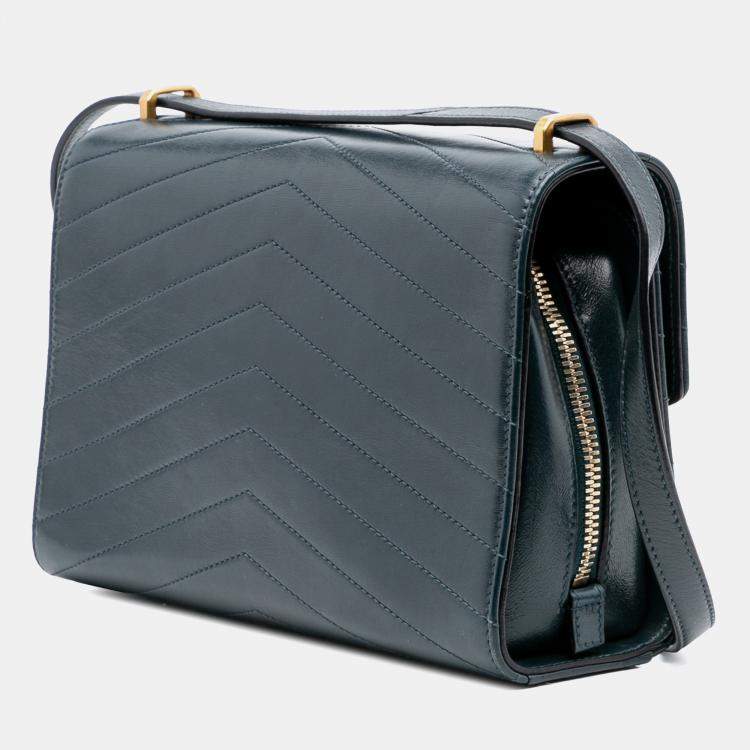 Pre Owned Chanel Green CC Chevron Calfskin Medal Flap