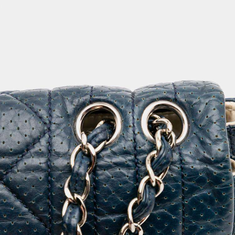 Pre Owned Chanel Navy Blue CC Quilted Perforated Aged Calfskin Flap