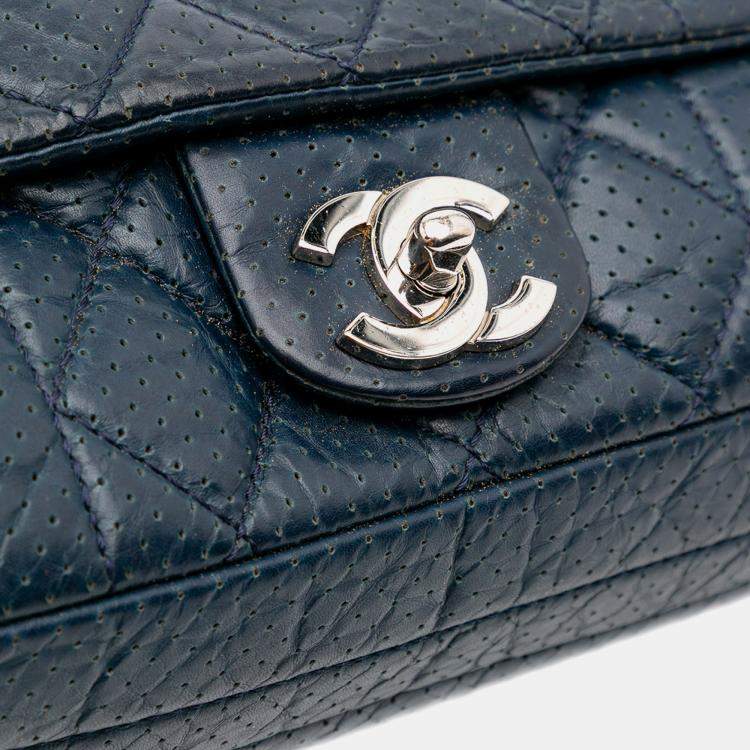 Pre Owned Chanel Navy Blue CC Quilted Perforated Aged Calfskin Flap