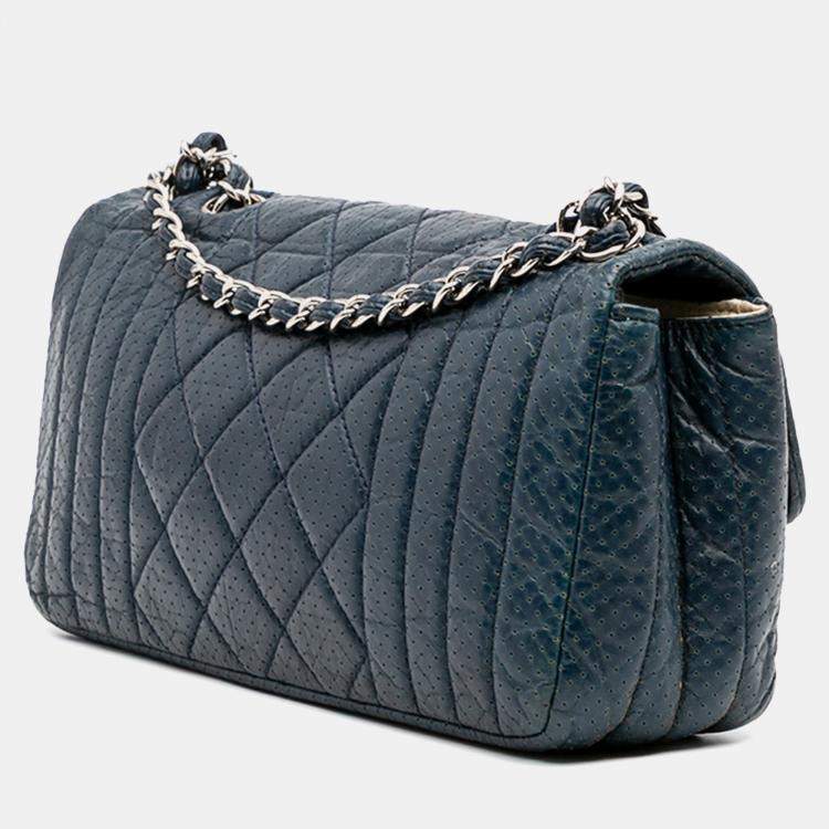Pre Owned Chanel Navy Blue CC Quilted Perforated Aged Calfskin Flap