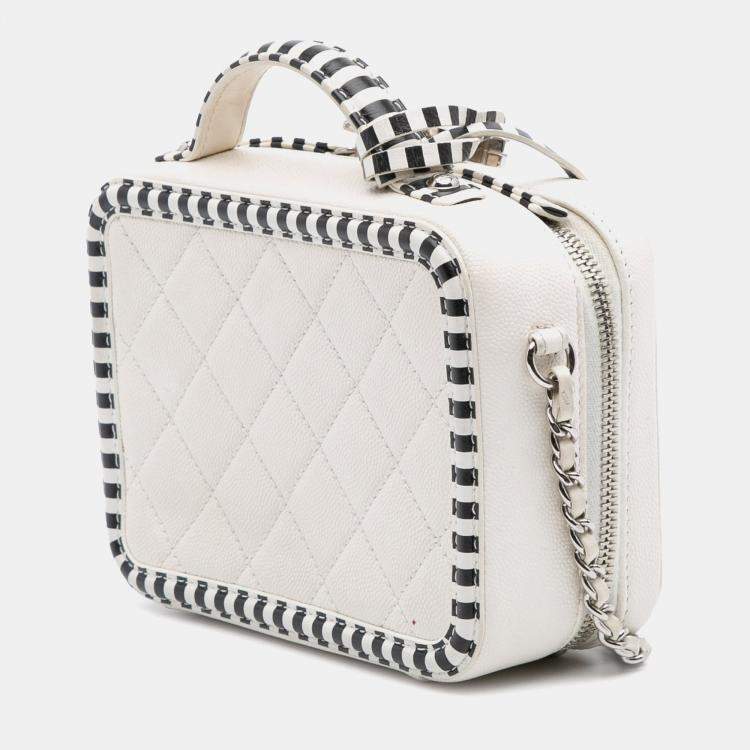 Pre Owned Chanel White Small Caviar Striped CC Filigree Vanity Case