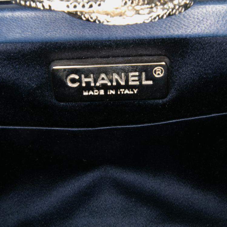 Pre Owned Chanel Navy Blue Satin Crystal Camellia Evening Frame Clutch