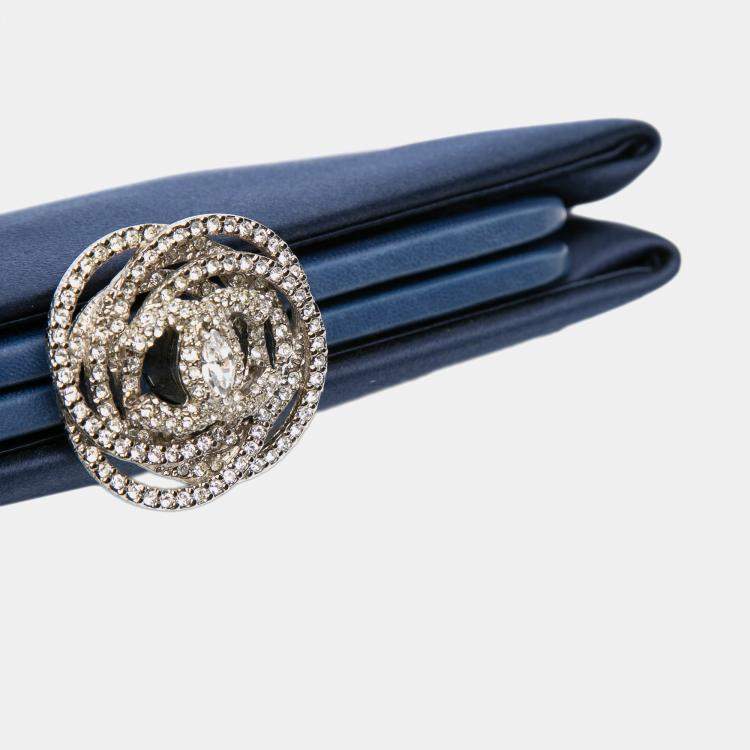 Pre Owned Chanel Navy Blue Satin Crystal Camellia Evening Frame Clutch