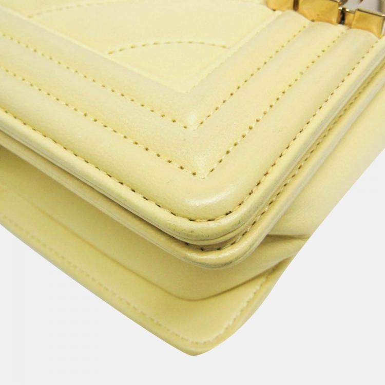 Pre Owned Chanel Boy V Stitch Yellow Leather Shoulder Bag