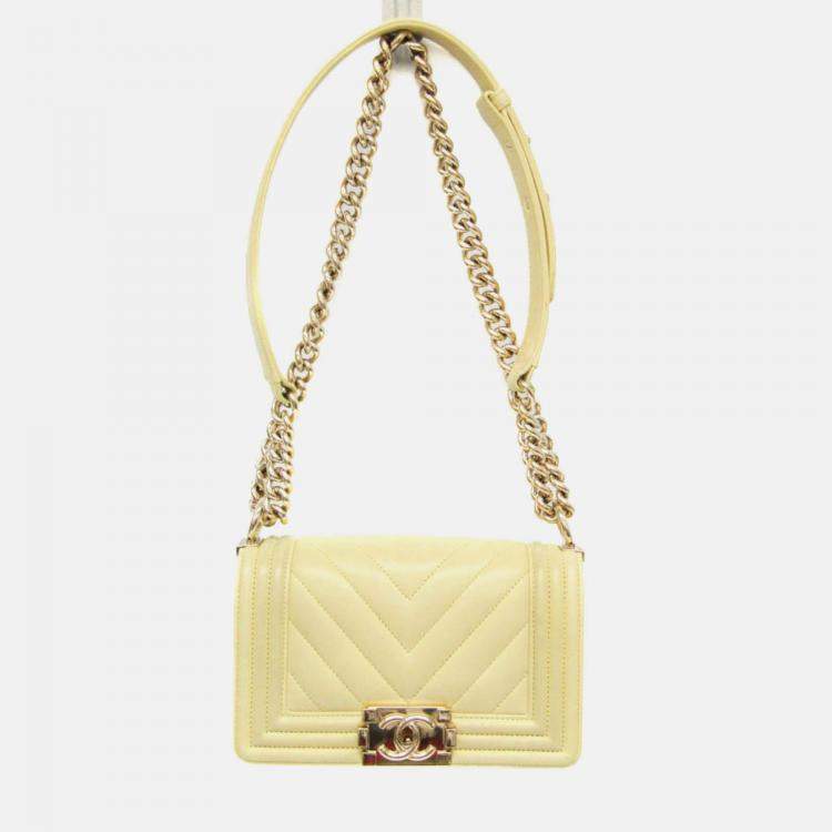 Pre Owned Chanel Boy V Stitch Yellow Leather Shoulder Bag