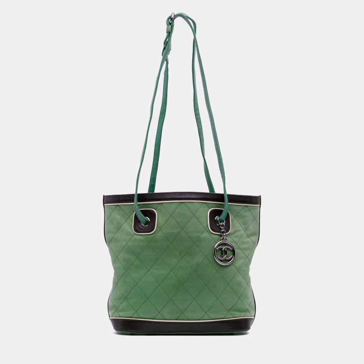 Pre Owned Chanel Black Green CC Quilted Lambskin Country Club Tote