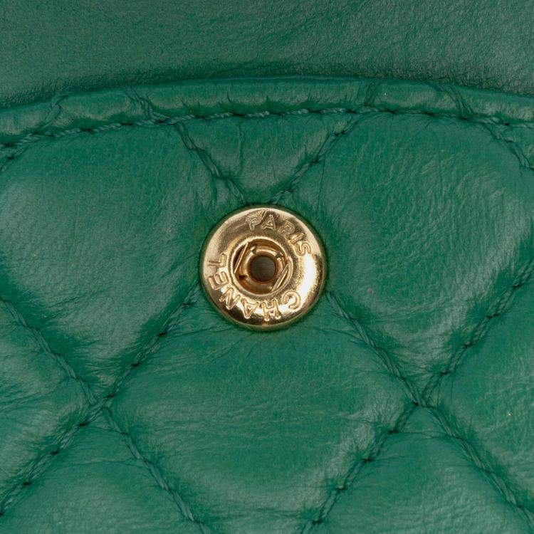 Pre Owned Chanel Green Medium Classic Lambskin Double Flap