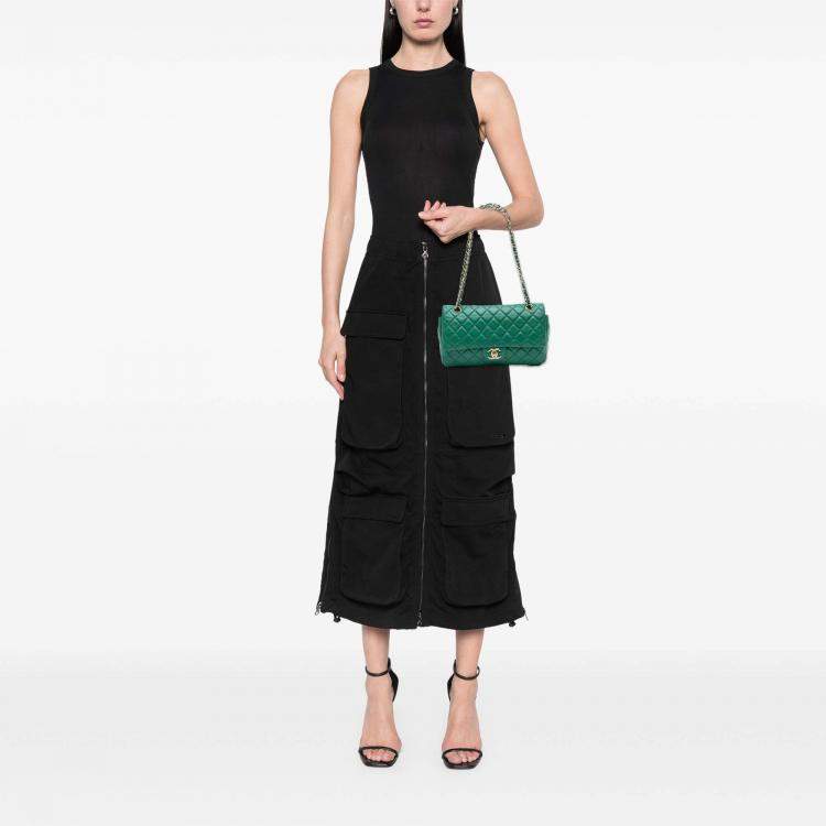 Pre Owned Chanel Green Medium Classic Lambskin Double Flap