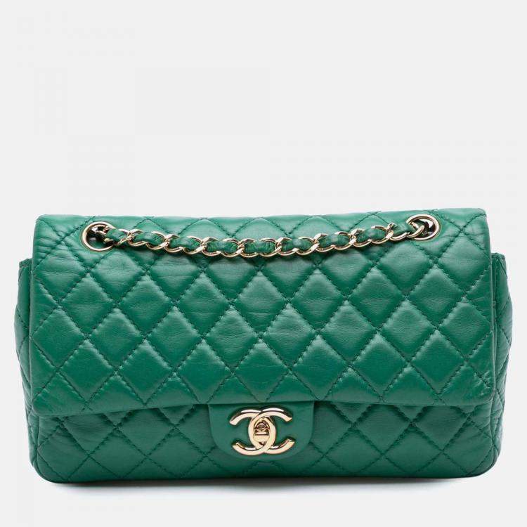 Pre Owned Chanel Green Medium Classic Lambskin Double Flap