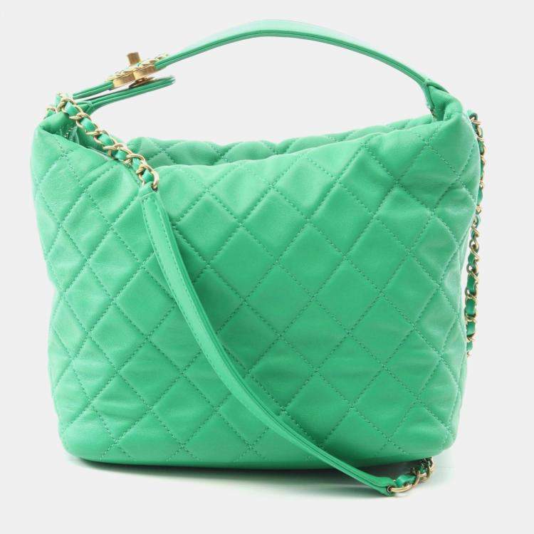 Pre Owned Chanel Green Lambskin Hobo Bag