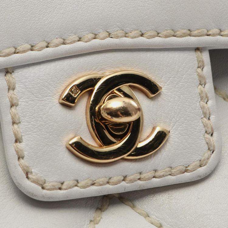 Pre Owned Chanel Wild Stitch White Leather Top Handle Bag