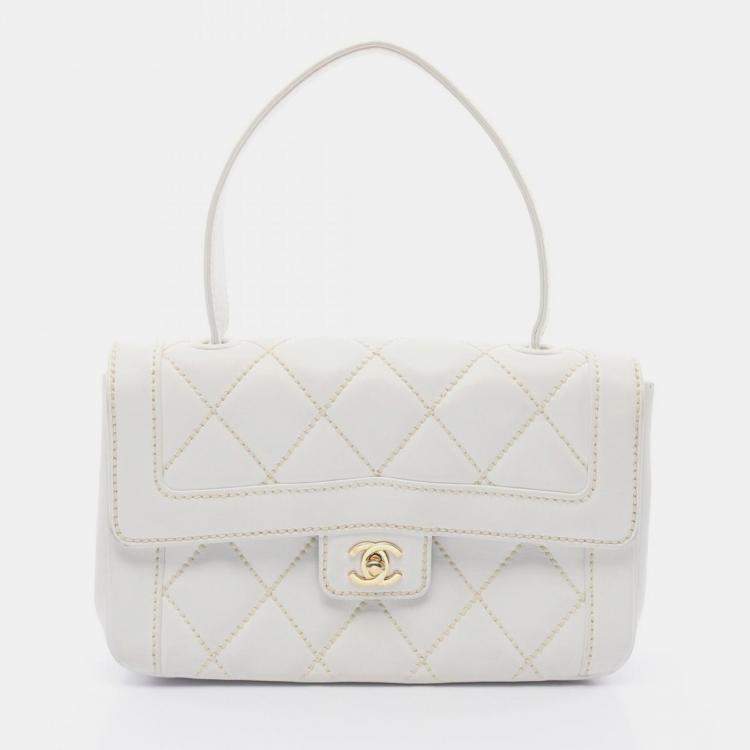 Pre Owned Chanel Wild Stitch White Leather Top Handle Bag