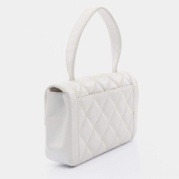 Pre Owned Chanel Wild Stitch White Leather Top Handle Bag