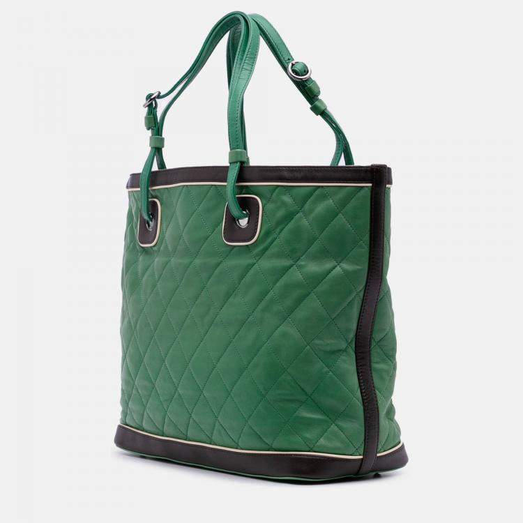 Pre Owned Chanel Green Large Quilted Lambskin Country Club Tote