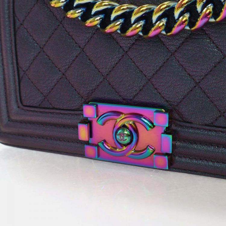 Pre Owned Chanel Boy Small Mermaid Purple Iridescent Goatskin Shoulder Bag