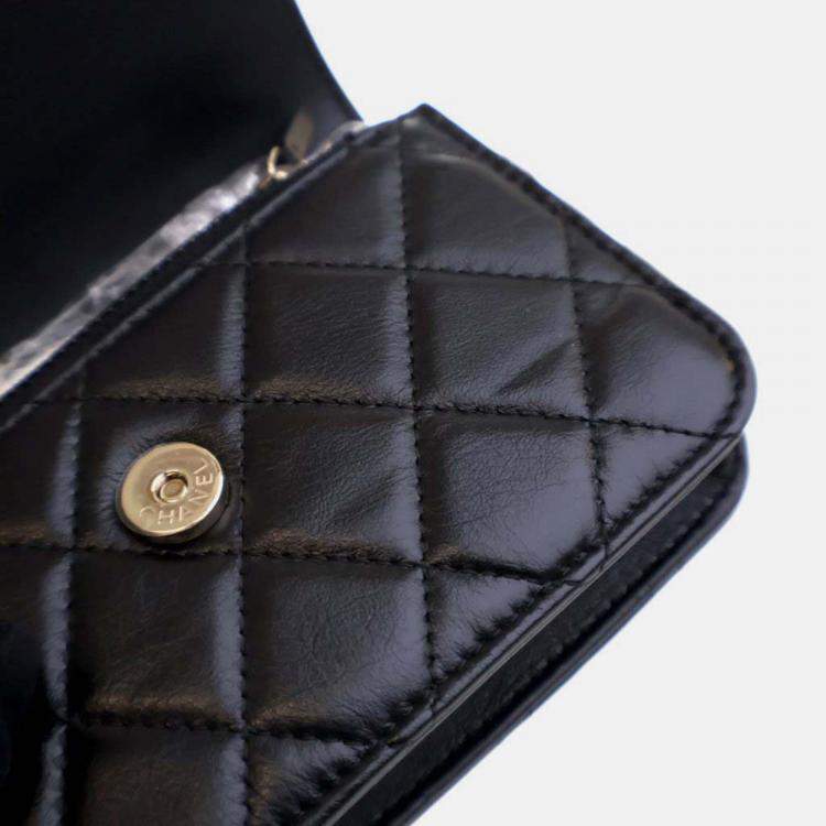Pre Owned Chanel Maxi Pearls Mini Black Lambskin Clutch On Chain 