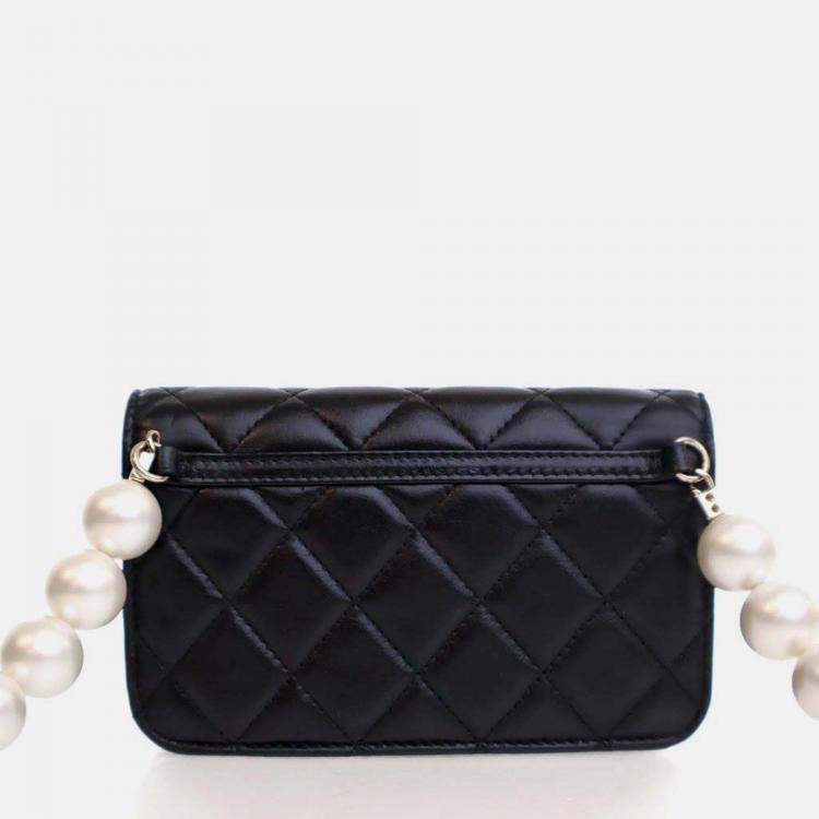 Pre Owned Chanel Maxi Pearls Mini Black Lambskin Clutch On Chain 