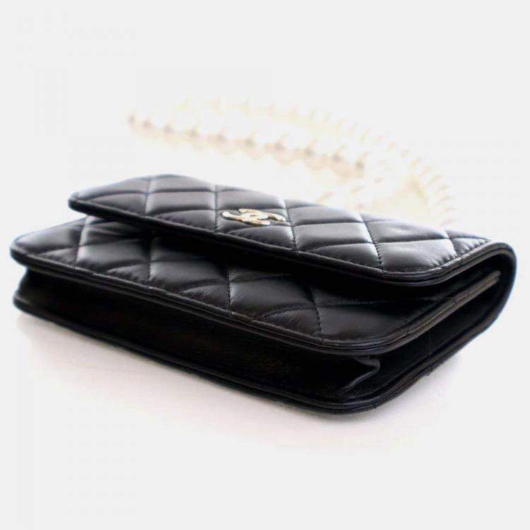 Pre Owned Chanel Maxi Pearls Mini Black Lambskin Clutch On Chain 