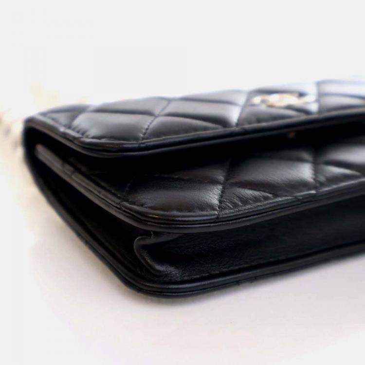 Pre Owned Chanel Maxi Pearls Mini Black Lambskin Clutch On Chain 
