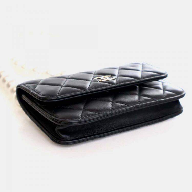 Pre Owned Chanel Maxi Pearls Mini Black Lambskin Clutch On Chain 