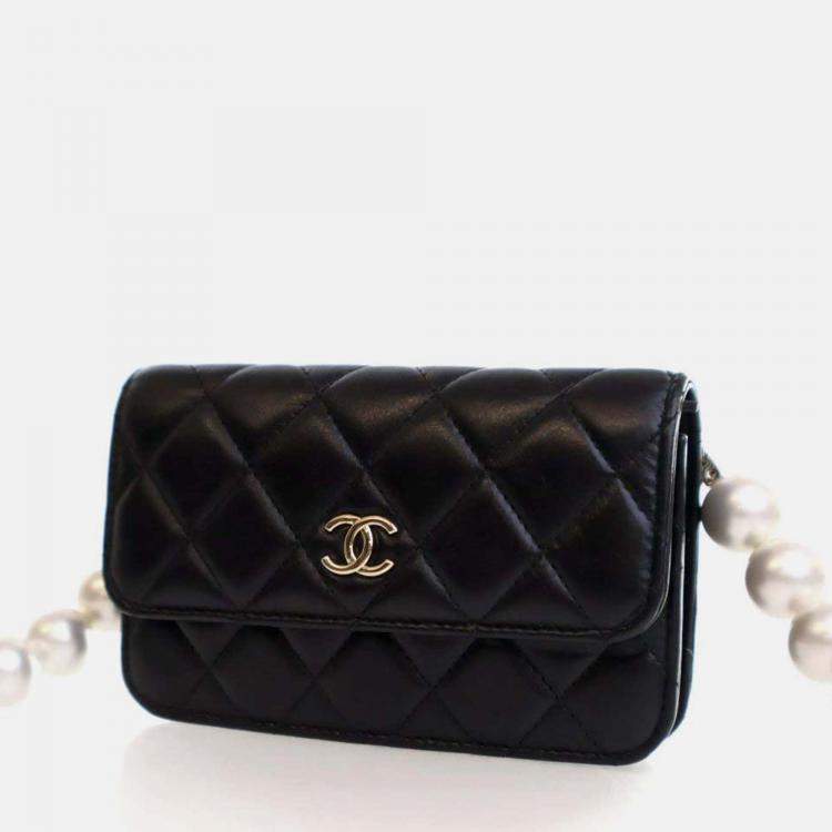 Pre Owned Chanel Maxi Pearls Mini Black Lambskin Clutch On Chain 