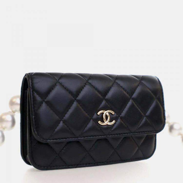 Pre Owned Chanel Maxi Pearls Mini Black Lambskin Clutch On Chain 
