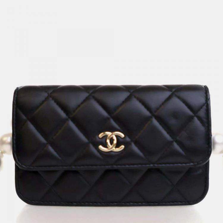 Pre Owned Chanel Maxi Pearls Mini Black Lambskin Clutch On Chain 