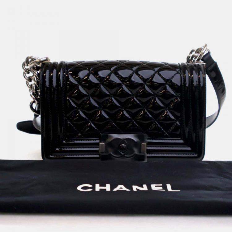 Pre Owned Chanel Boy Small Black Patent Leather Shoulder Bag