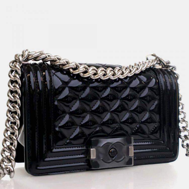 Pre Owned Chanel Boy Small Black Patent Leather Shoulder Bag