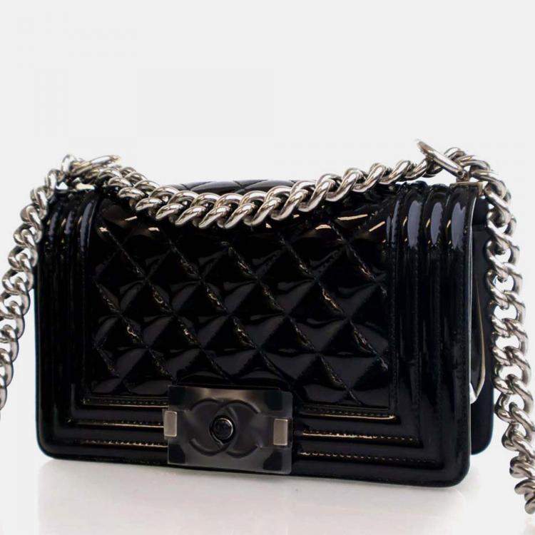 Pre Owned Chanel Boy Small Black Patent Leather Shoulder Bag