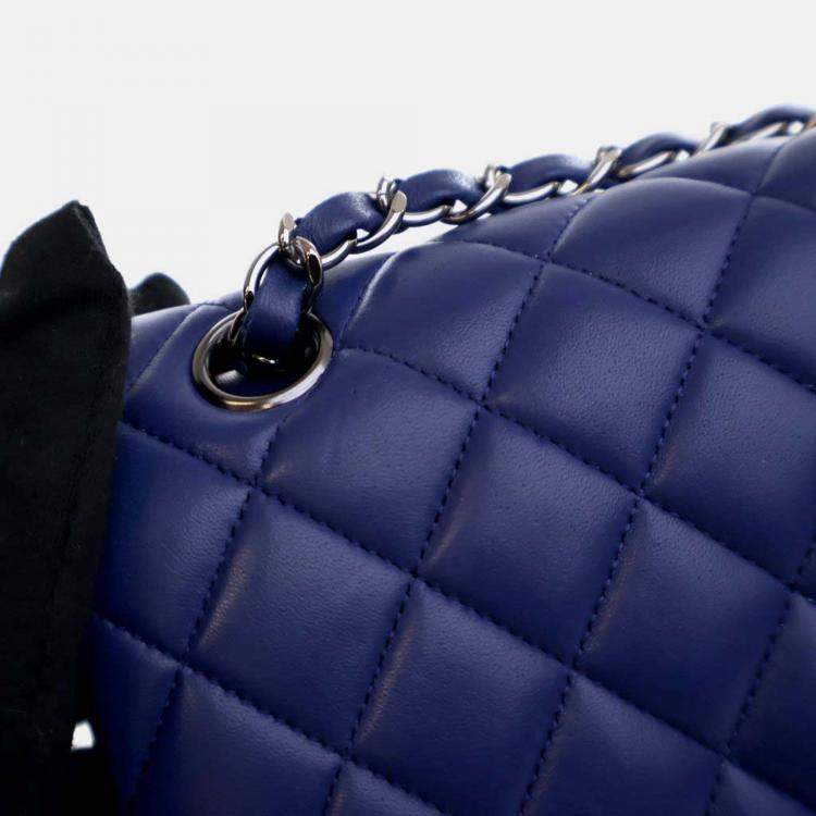 Pre Owned Chanel Classic Double Flap Medium Blue Lambskin Shoulder Bag