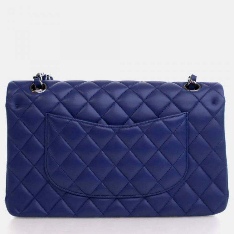 Pre Owned Chanel Classic Double Flap Medium Blue Lambskin Shoulder Bag