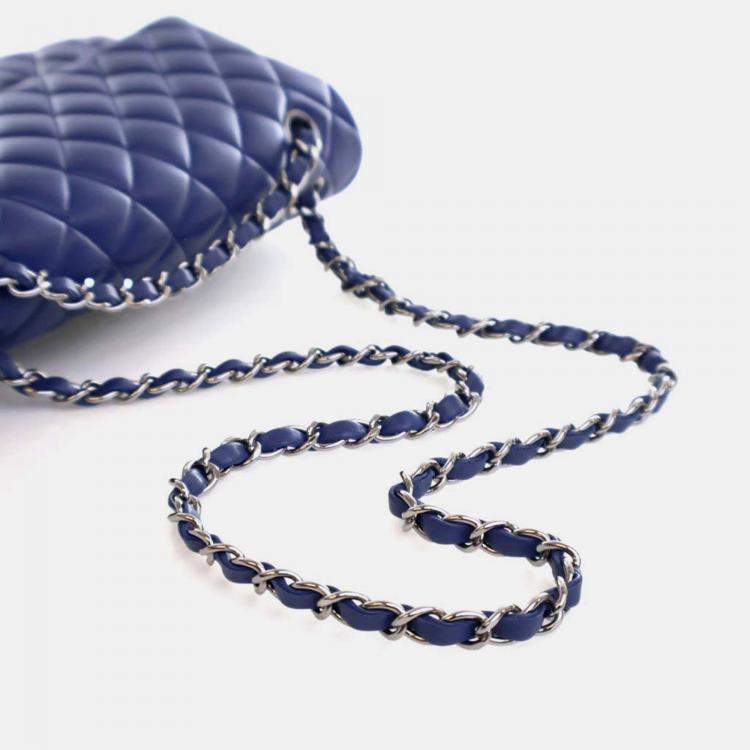 Pre Owned Chanel Classic Double Flap Medium Blue Lambskin Shoulder Bag