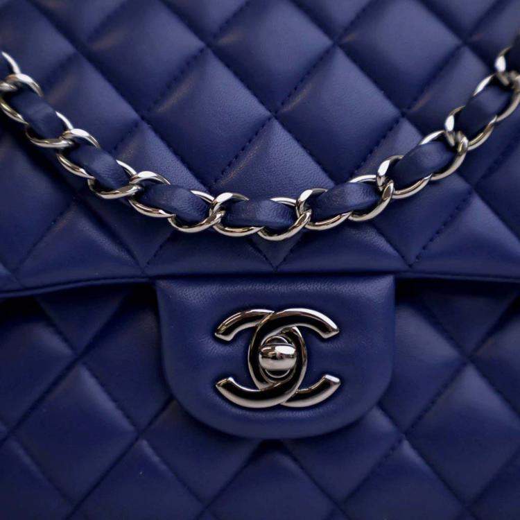 Pre Owned Chanel Classic Double Flap Medium Blue Lambskin Shoulder Bag