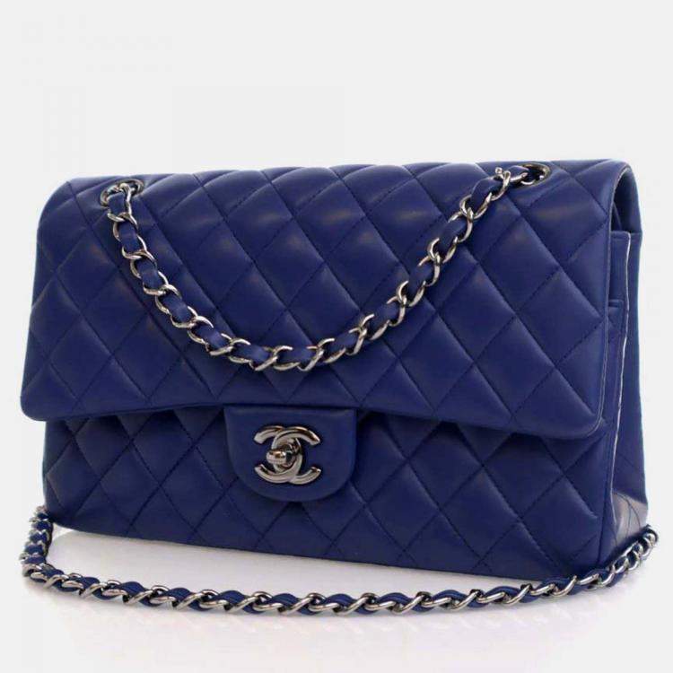 Pre Owned Chanel Classic Double Flap Medium Blue Lambskin Shoulder Bag