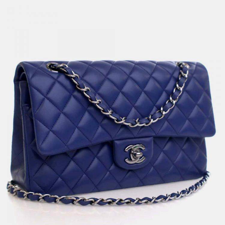 Pre Owned Chanel Classic Double Flap Medium Blue Lambskin Shoulder Bag