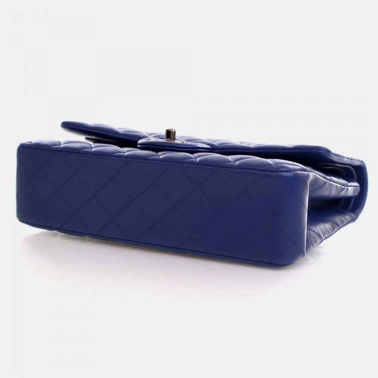 Pre Owned Chanel Classic Double Flap Medium Blue Lambskin Shoulder Bag