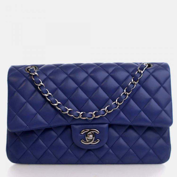 Pre Owned Chanel Classic Double Flap Medium Blue Lambskin Shoulder Bag