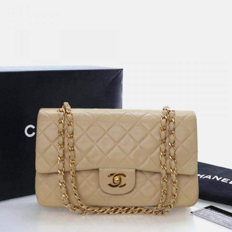 Pre Owned Chanel Classic Flap Medium Beige Lambskin Shoulder Bag