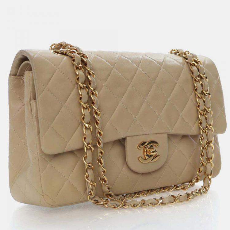 Pre Owned Chanel Classic Flap Medium Beige Lambskin Shoulder Bag