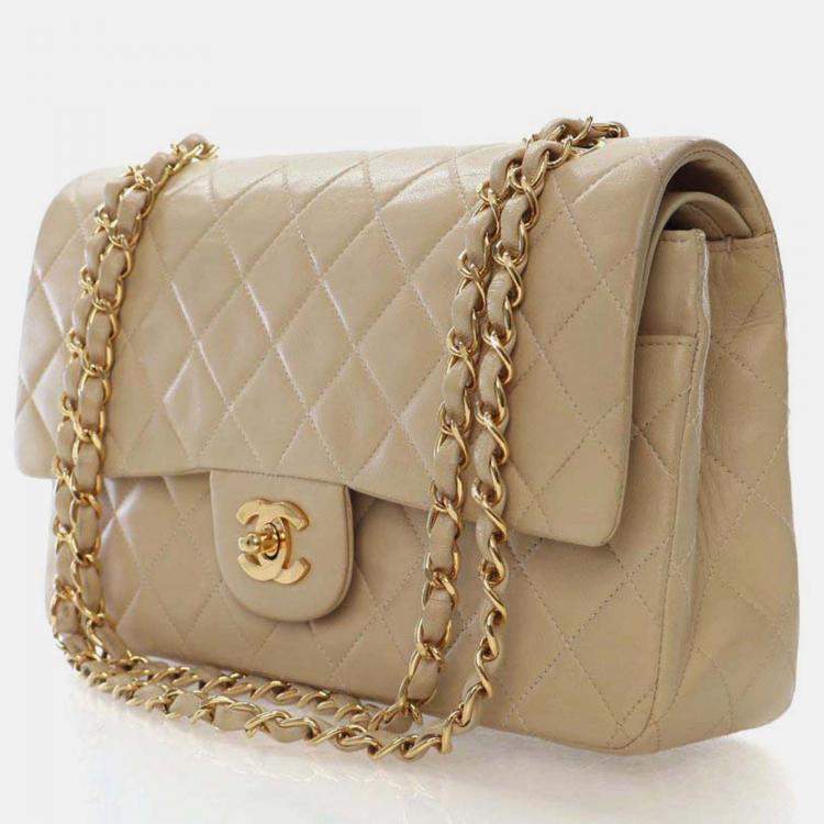 Pre Owned Chanel Classic Flap Medium Beige Lambskin Shoulder Bag