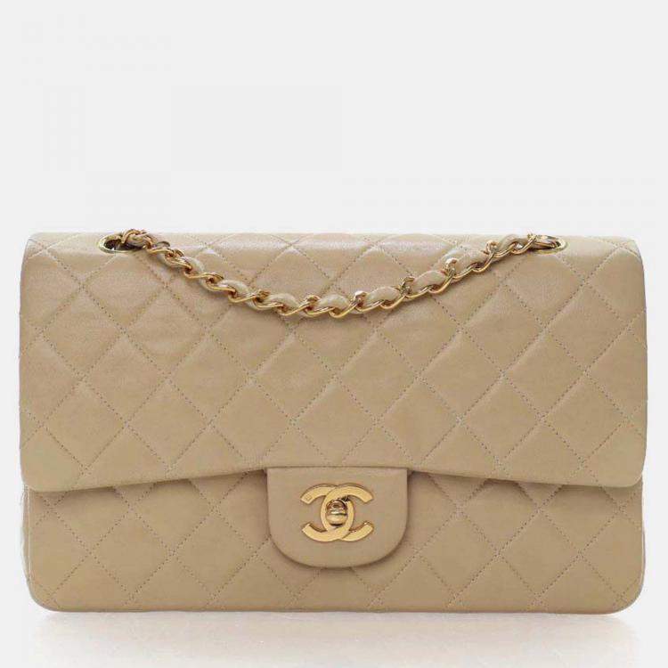 Pre Owned Chanel Classic Flap Medium Beige Lambskin Shoulder Bag