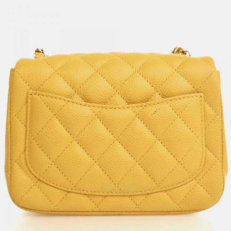 Pre Owned Chanel Classic Flap Mini Square Yellow Caviar Shoulder Bag