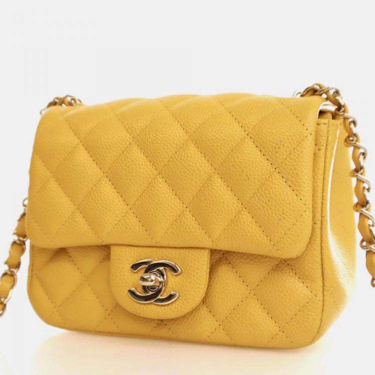 Pre Owned Chanel Classic Flap Mini Square Yellow Caviar Shoulder Bag