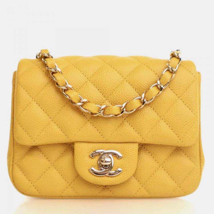 Pre Owned Chanel Classic Flap Mini Square Yellow Caviar Shoulder Bag